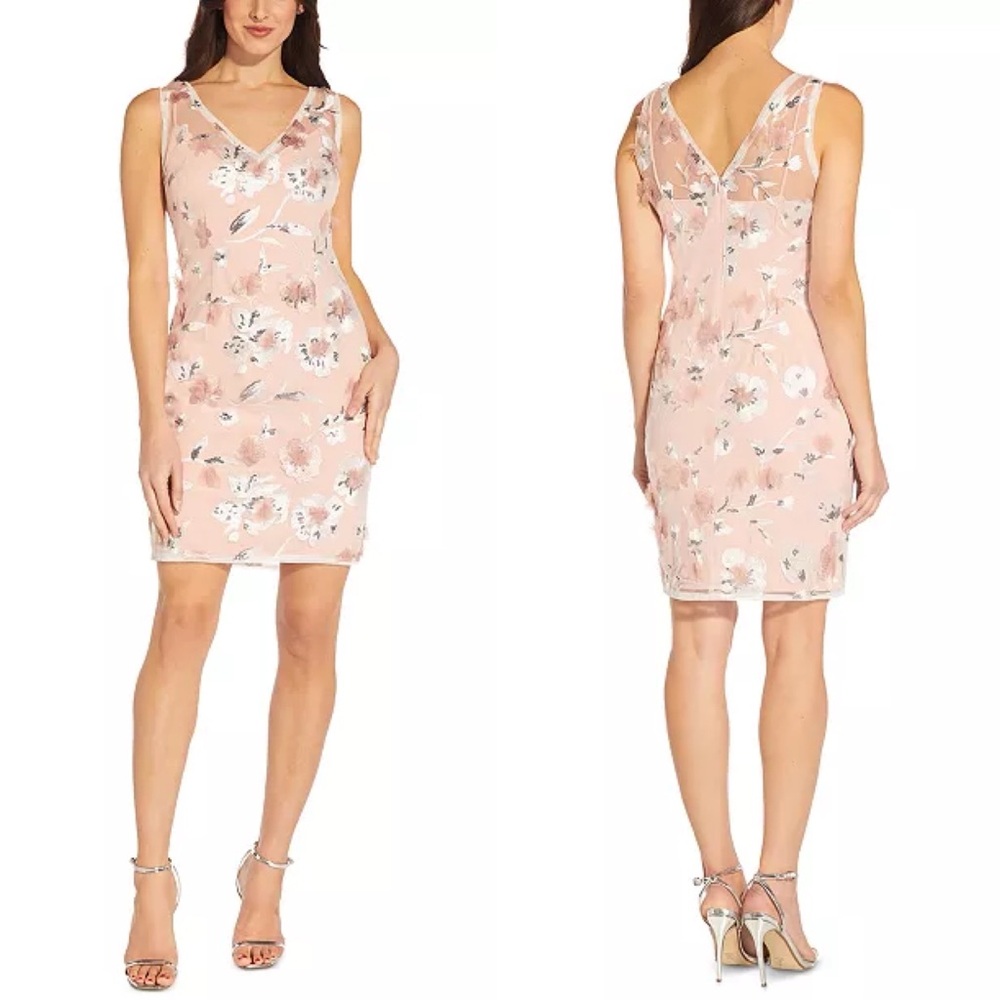 Adrianna Papell NEW Embellished Illusion V-Neck Sheath Dress 4 Floral Embroidery
